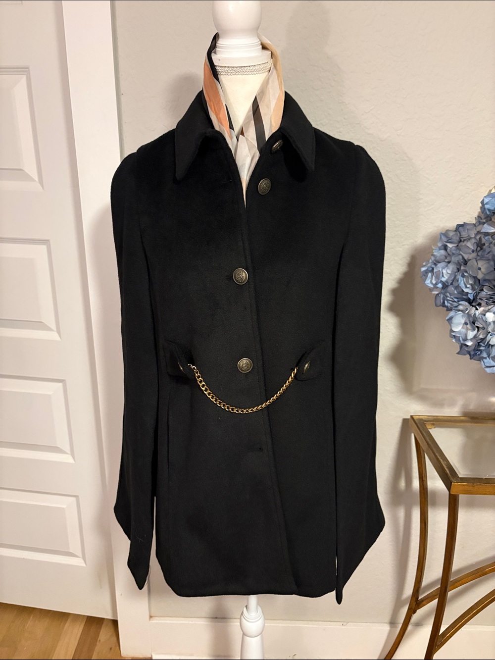 Classic Black Women's melton cloth car Coat or Cape with Gold Chain Detail